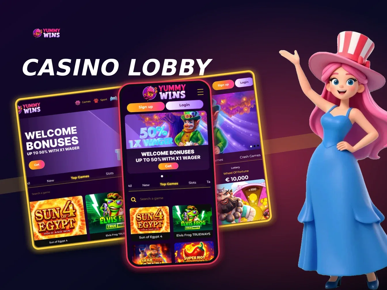 Yummy Wins Casino desktop casino lobby with slots and live game categories