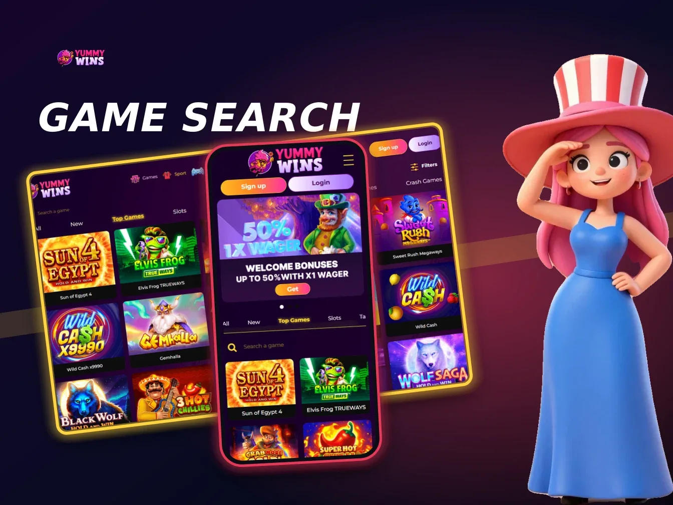 Yummy Wins Casino desktop games catalogue with search and category filters