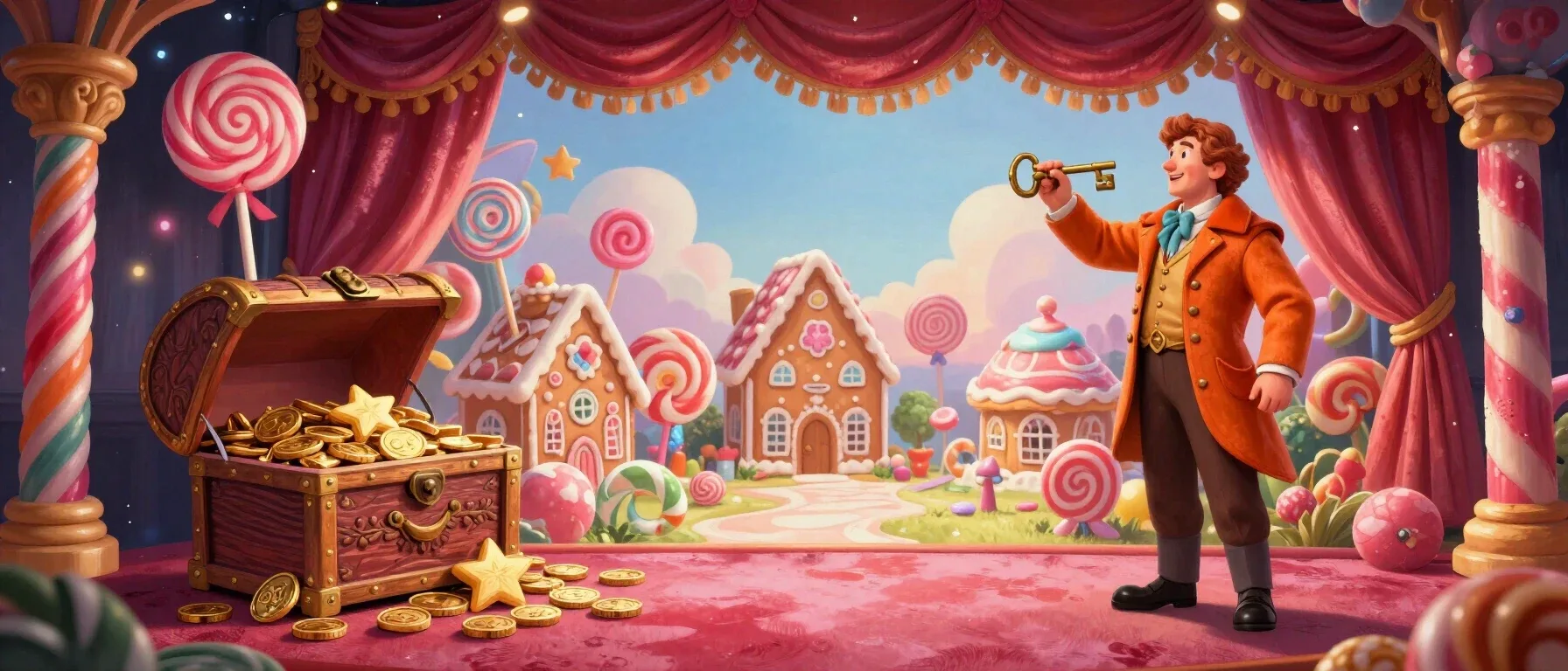 Yummy Wins Casino no-deposit reward with an open treasure chest and scattered coins
